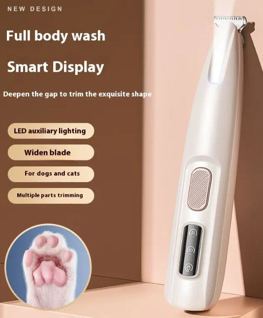 A white Creative Critters Pets Paw Trimmer w/LED Light, featuring a smart display for dogs and cats, next to a fluffy cat's paw.