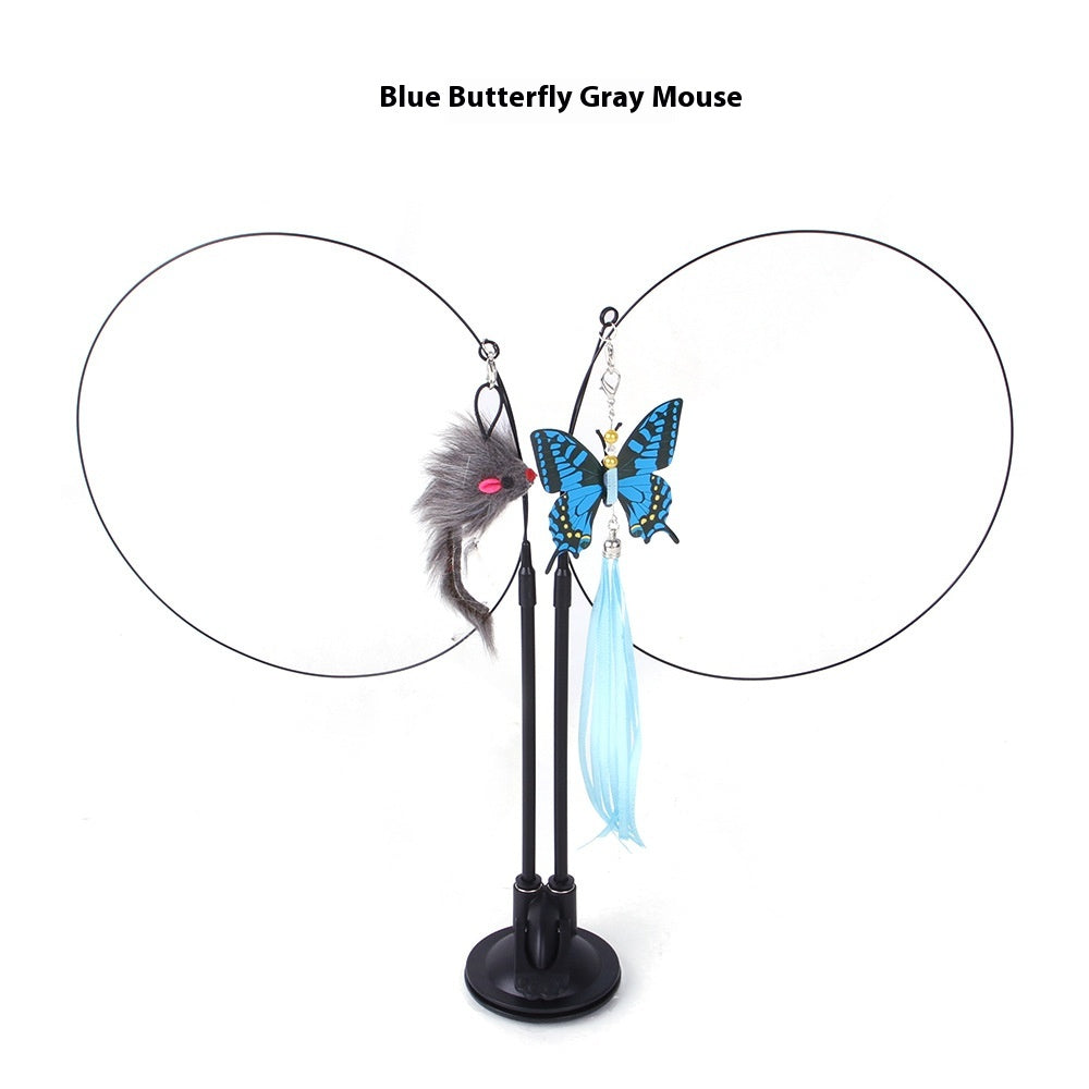 Two black wire cat teaser toys on a suction base with a gray plush mouse and a blue butterfly with feathers.