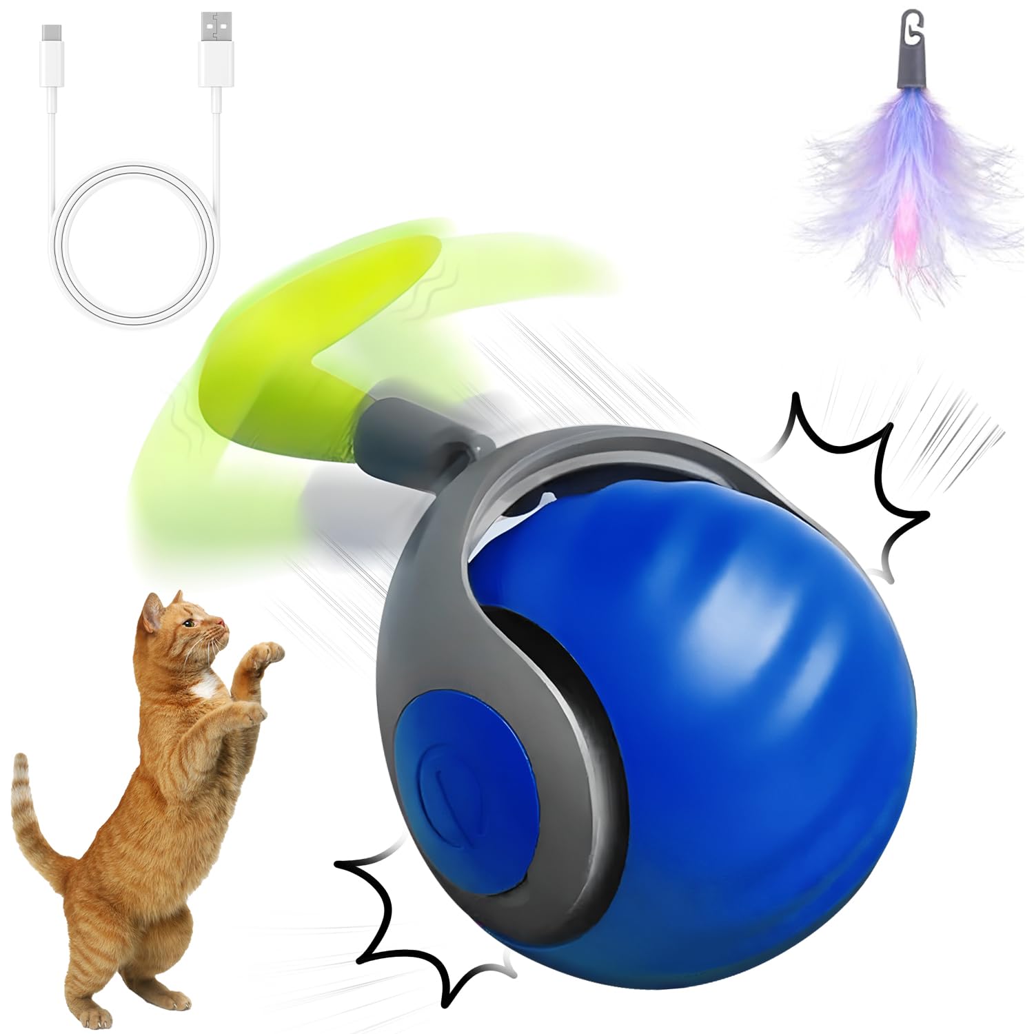 Speedy Tail 2.0Speedy Tail Cat ToySpeedy Tail 2.0 Cat ToyInteractive Cat Toy Balls for Indoor CatsTwo SpeedUSB Rechargeable Smart Self Rolling Automatic Cat Toy Ball with Speedy Tail (Blue)