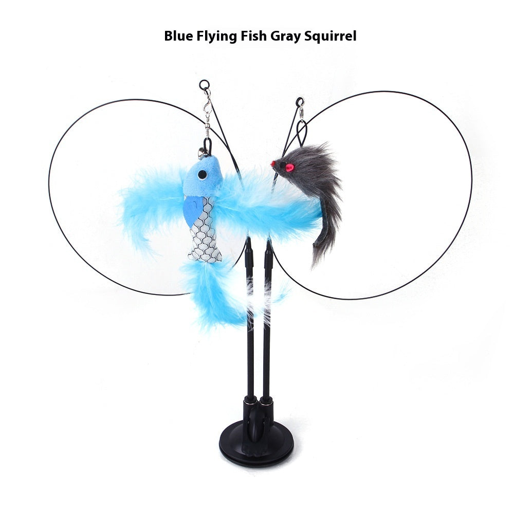 Blue Flying Fish Gray Squirrel cat teaser toy with two black wire wands attached to a single suction cup base.
