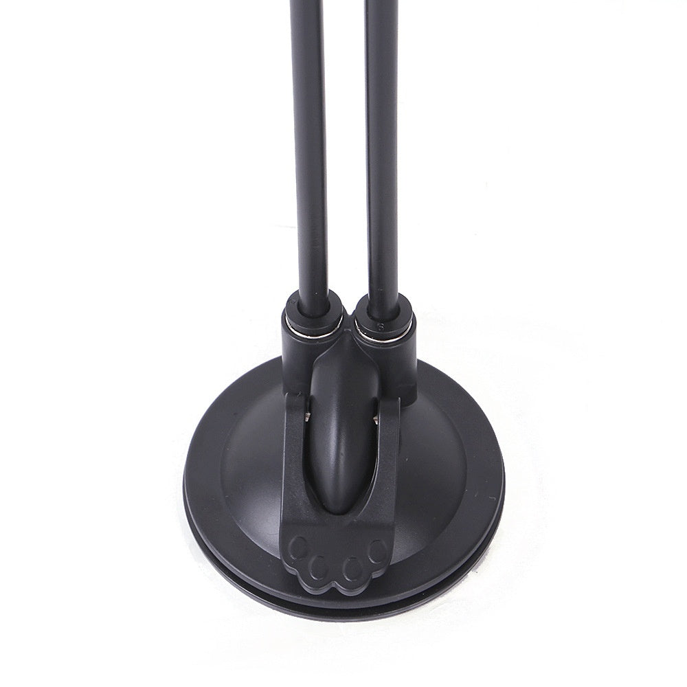 Black plastic round suction cup base with two vertical rods and a paw-shaped lever on a white background.