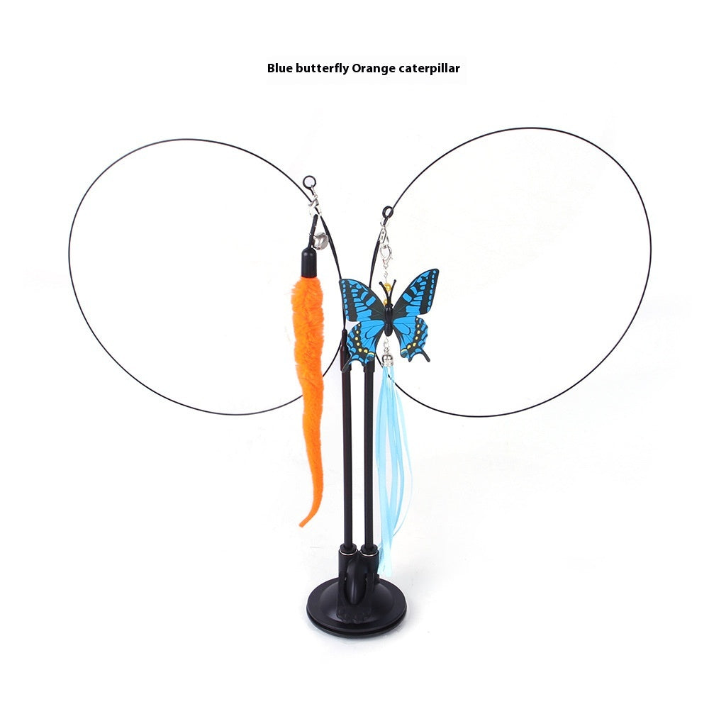 Blue butterfly and orange caterpillar teaser toy with two black wire loops on a suction cup base.