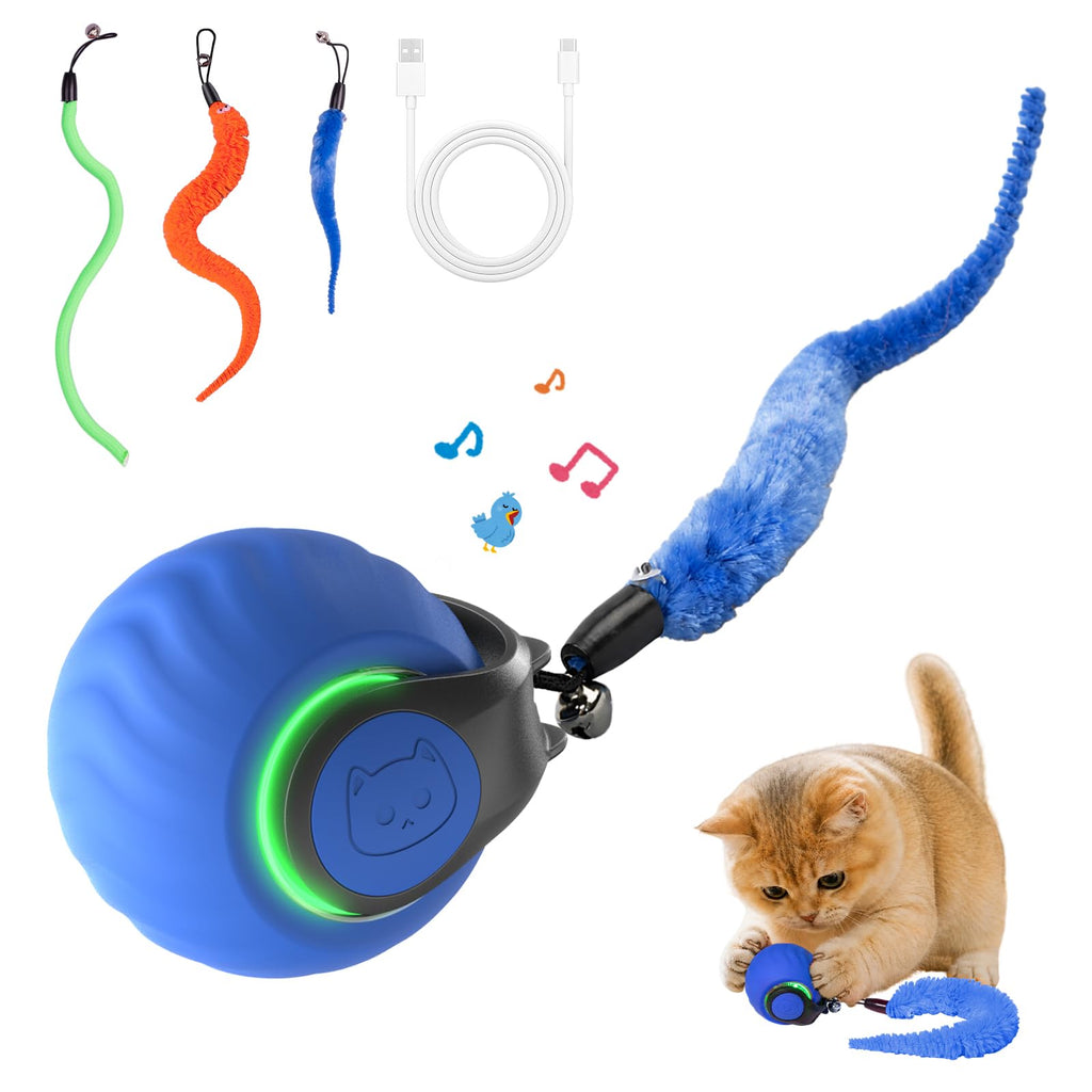 Interactive Cat Toys with Bird Sounds & 3 Speed Modes for Indoor Cats Play | Bird Sounds, 3 Speed Modes, Rechargeable Automatic Rolling, 3 Tails, Fast Charging Ball, For Indoor Cats on Hard Floor Carpet