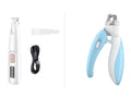 A white Pets Paw Trimmer with LED light, USB cable, and brush, displayed beside a blue and white pet nail clipper.