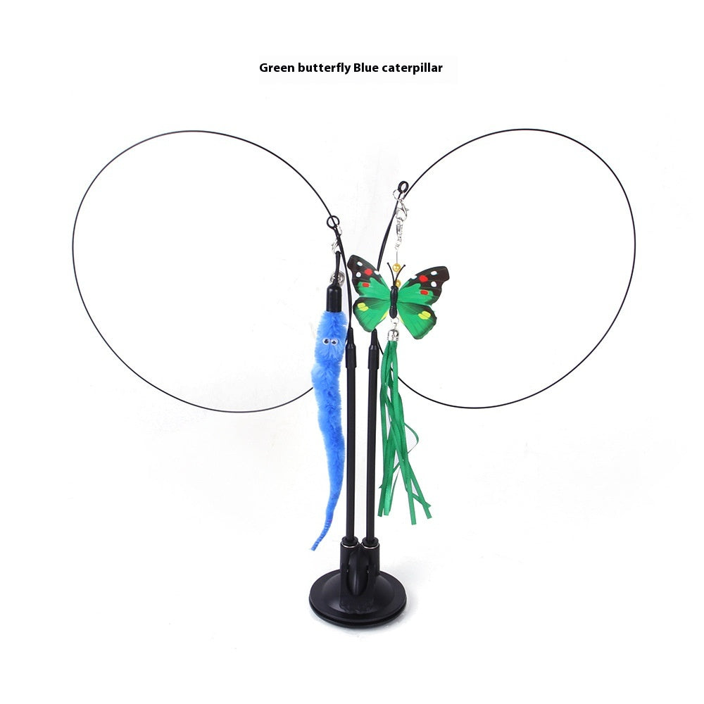 Two black wire cat teaser toys on a suction base with a blue caterpillar and a green butterfly.