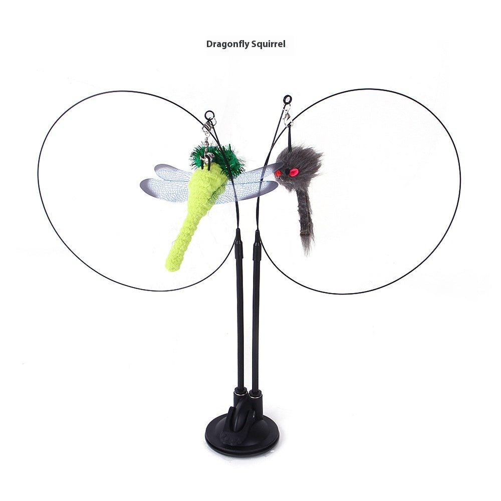 Two black suction cup wands with a green plush dragonfly and a grey plush squirrel toy attached to flexible wires.
