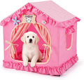 A pink Petijoyi Princess Pet Tent Cat Dog Bed with a gingham roof, ruffles, tied-back curtains, and a white puppy inside.