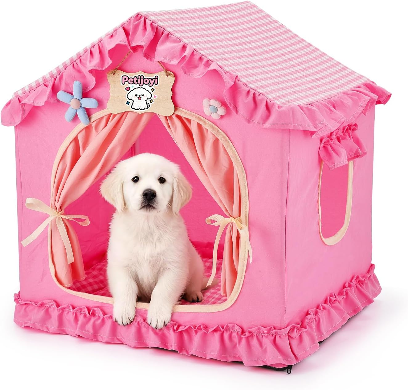 A pink Petijoyi Princess Pet Tent Cat Dog Bed with a gingham roof, ruffles, tied-back curtains, and a white puppy inside.