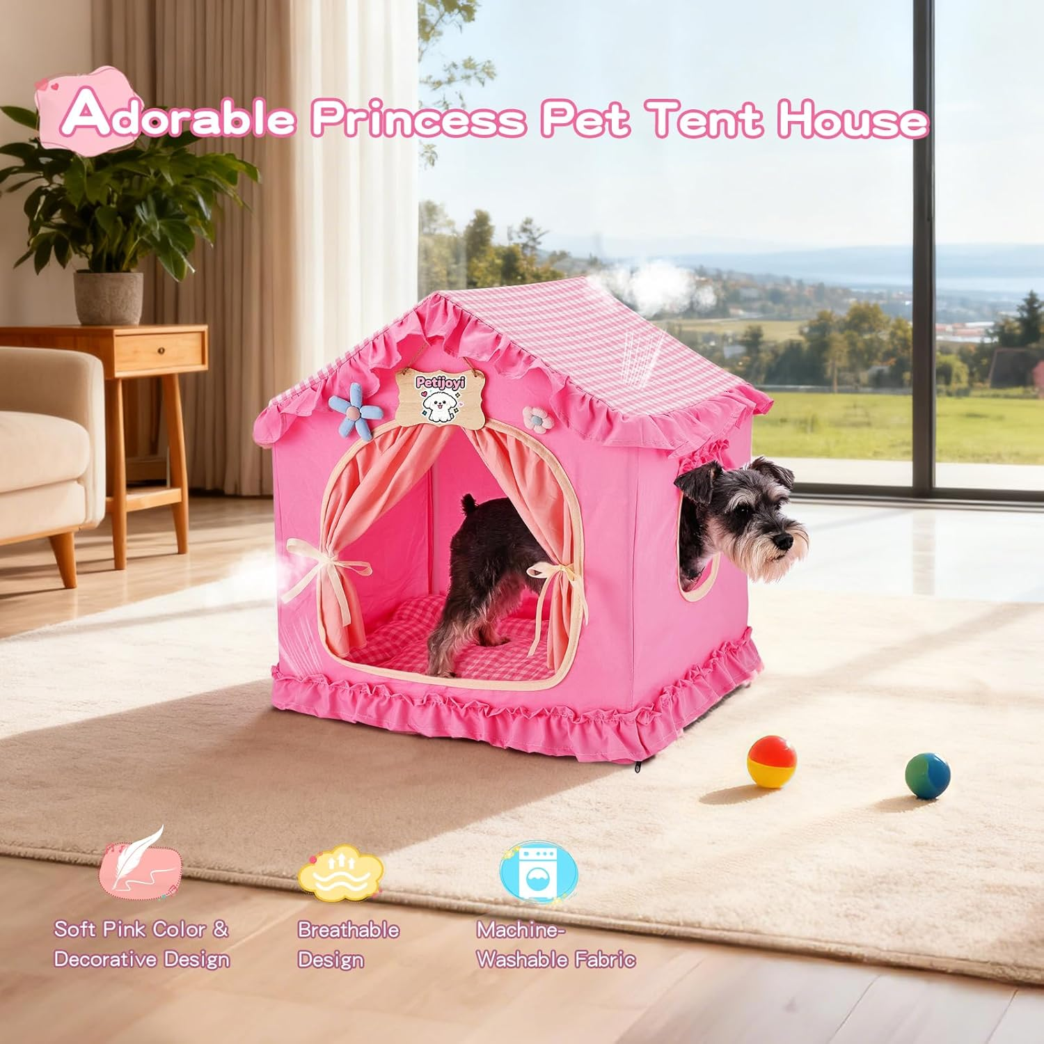 A pink princess-style Princess Pet Tent Cat Dog Bed, a cozy indoor house, shows a Schnauzer, highlighting its washable and breathable design.