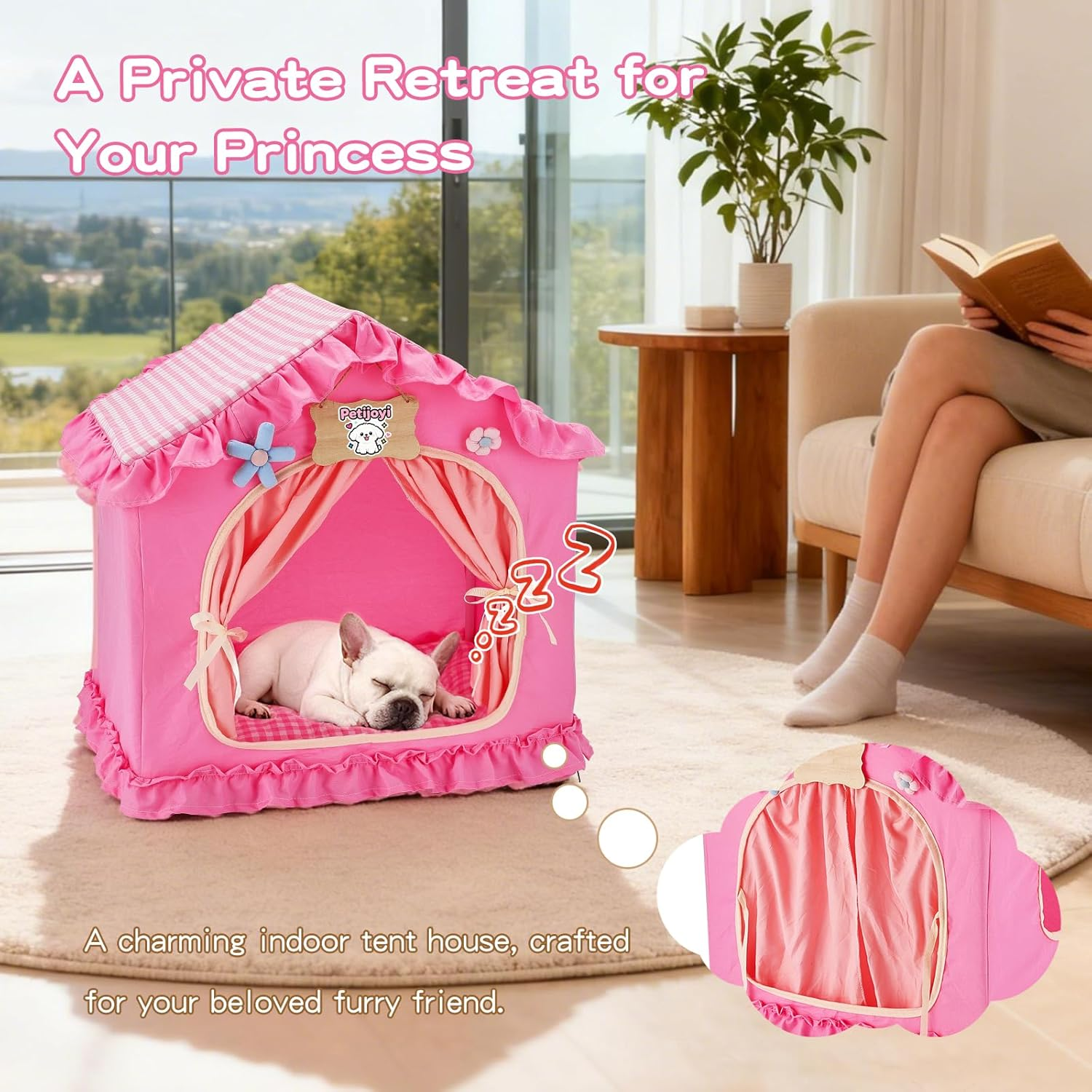 A pink, ruffled Princess Pet Tent Cat Dog Bed houses a sleeping French Bulldog, offering "A Private Retreat for Your Princess".