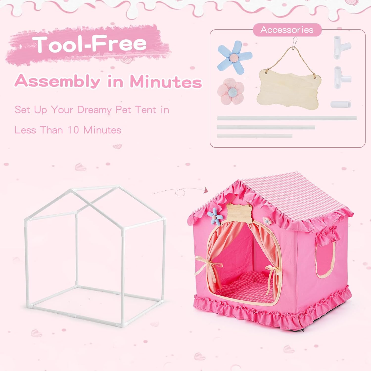 Creative Critters pink princess pet tent for cats and dogs features a ruffled fabric design, shown with its white frame and decorative accessories, emphasizing tool-free assembly in minutes.
