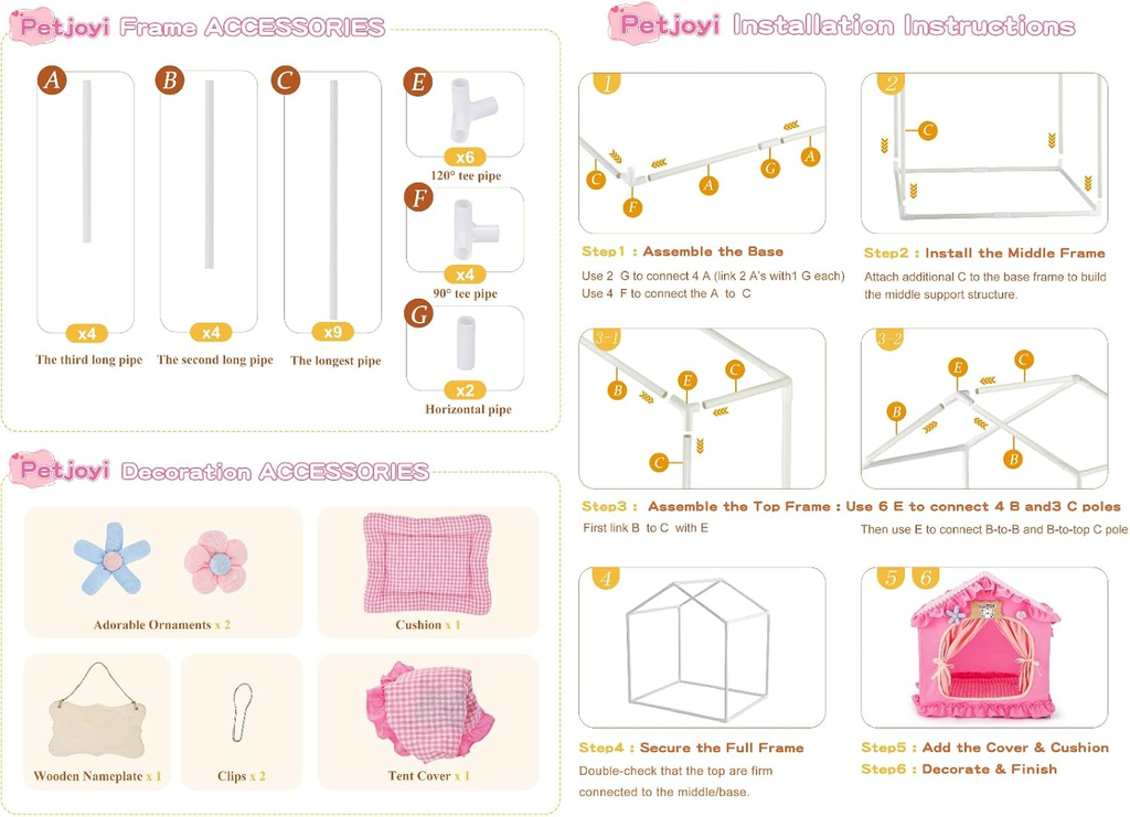 Installation instructions for the Petjoyi Princess Pet Tent Cat Dog Bed, detailing the white frame components and pink accessories.