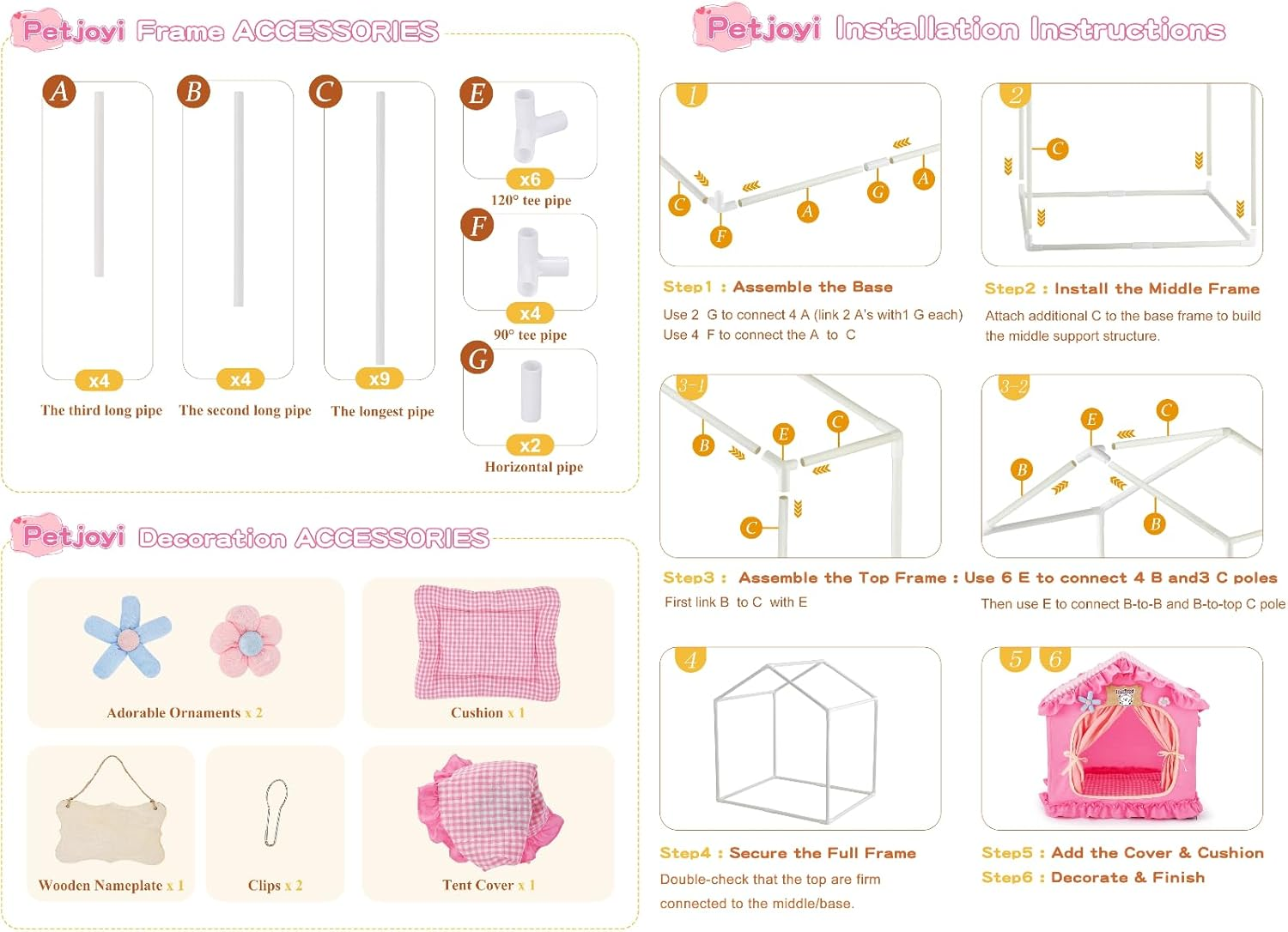 Installation instructions for the Petjoyi Princess Pet Tent Cat Dog Bed, detailing the white frame components and pink accessories.