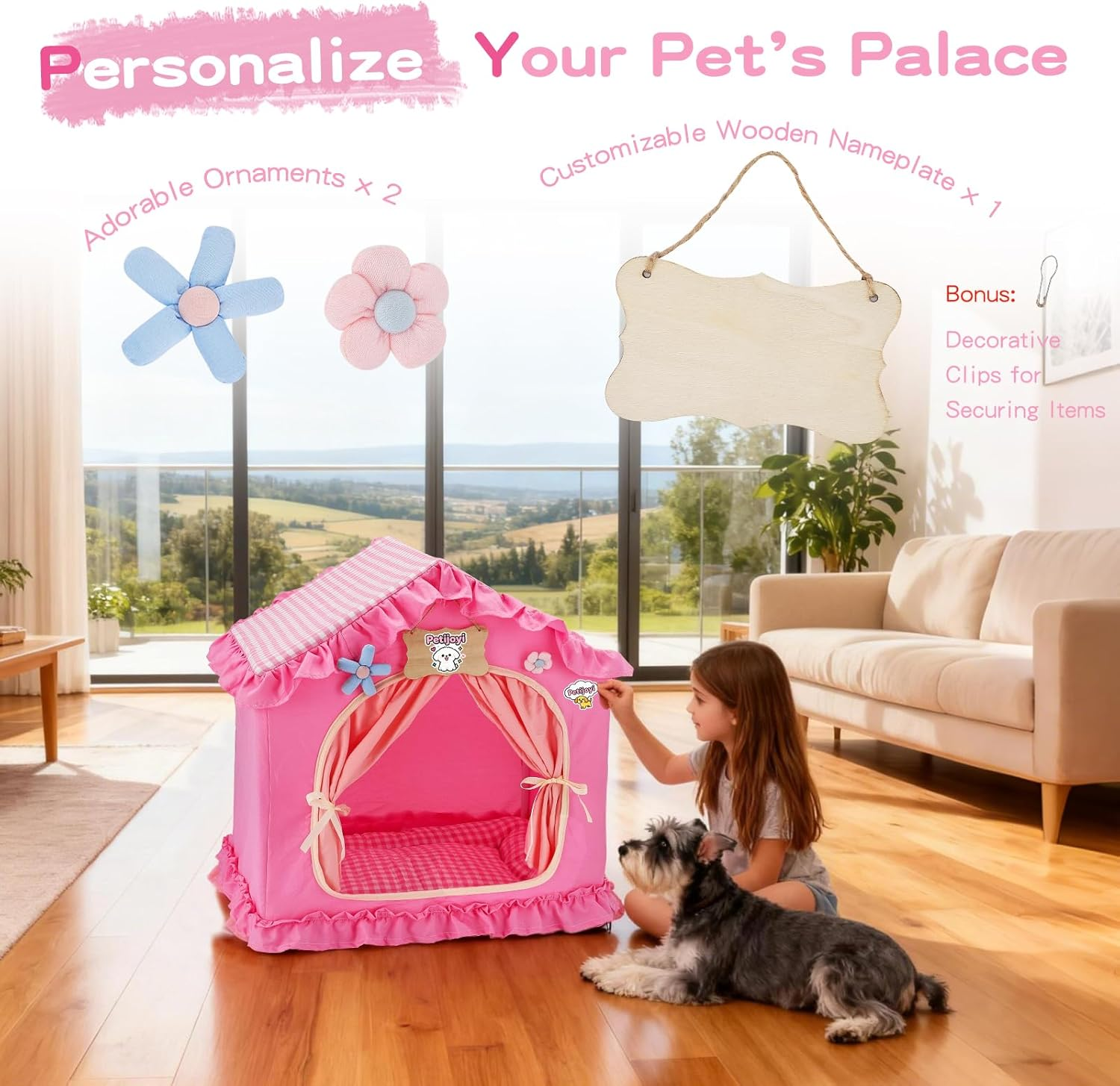 A girl personalizes a pink "Creative Critters" Princess Pet Tent Cat Dog Bed for her schnauzer, highlighting included flower ornaments, nameplate, and clips.