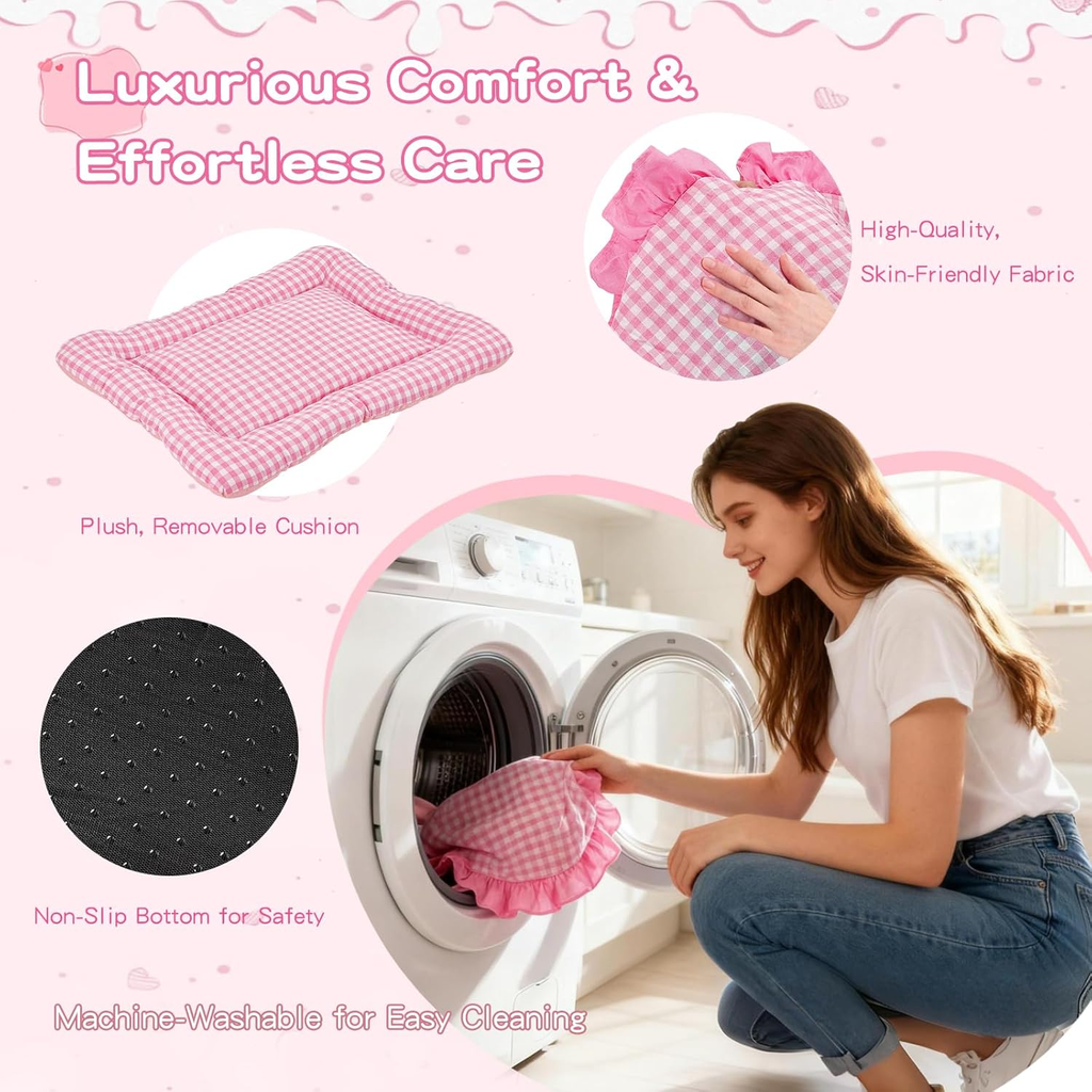 Pink gingham princess pet bed cushion, with plush, skin-friendly fabric and a non-slip bottom, shown machine-washing.