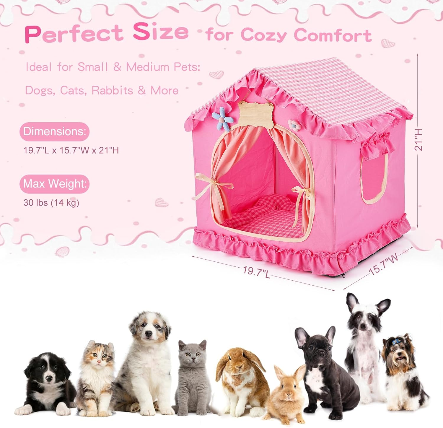 Creative Critters' pink princess pet tent, a cozy indoor pet house for small to medium dogs, cats, and rabbits, with real pets.