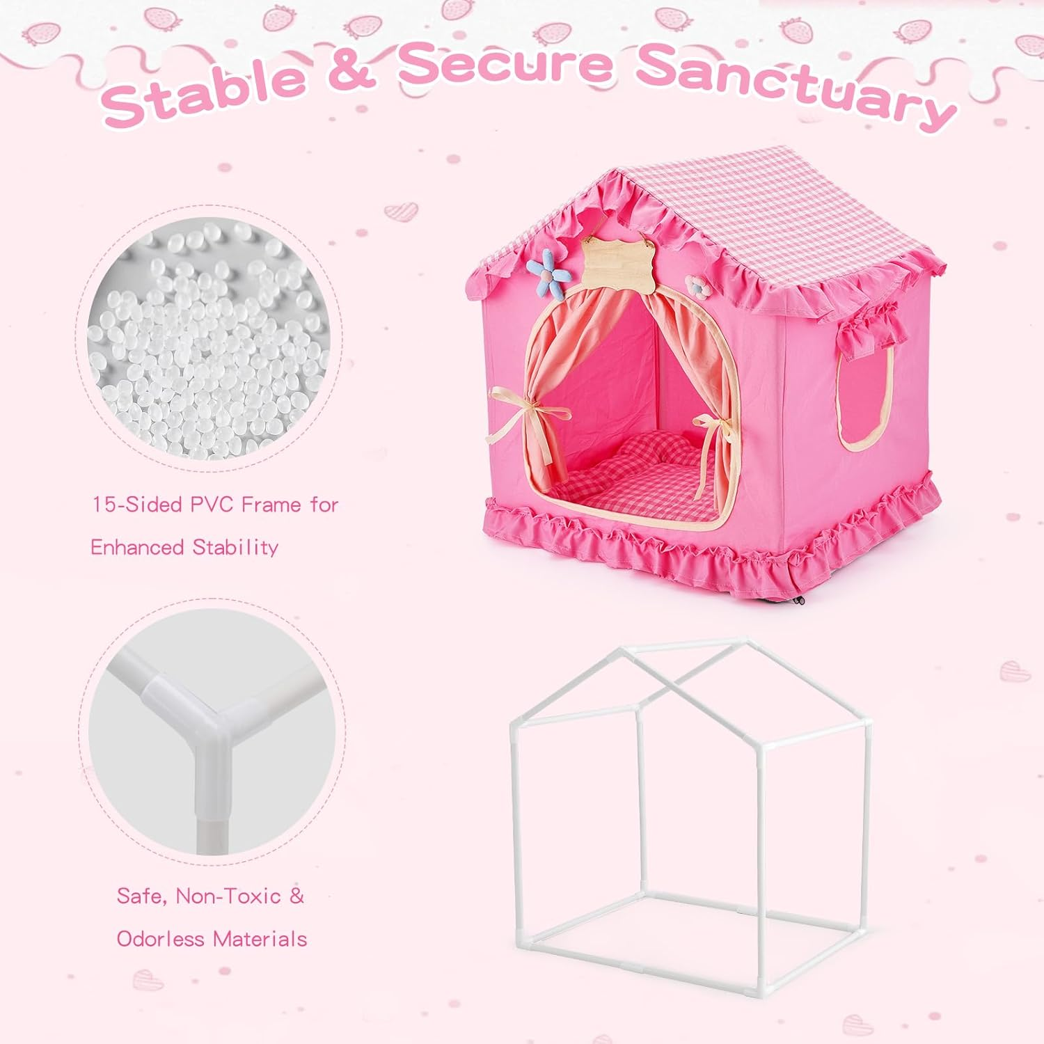 Creative critters' pink princess pet tent for cats or dogs, featuring a ruffled gingham roof, highlights its 15-sided PVC frame and safe materials.
