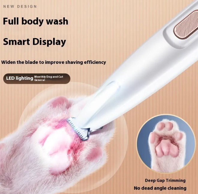 A white Pets Paw Trimmer with LED Light illuminates a pet's paw while trimming, highlighting full body wash and deep gap cleaning.