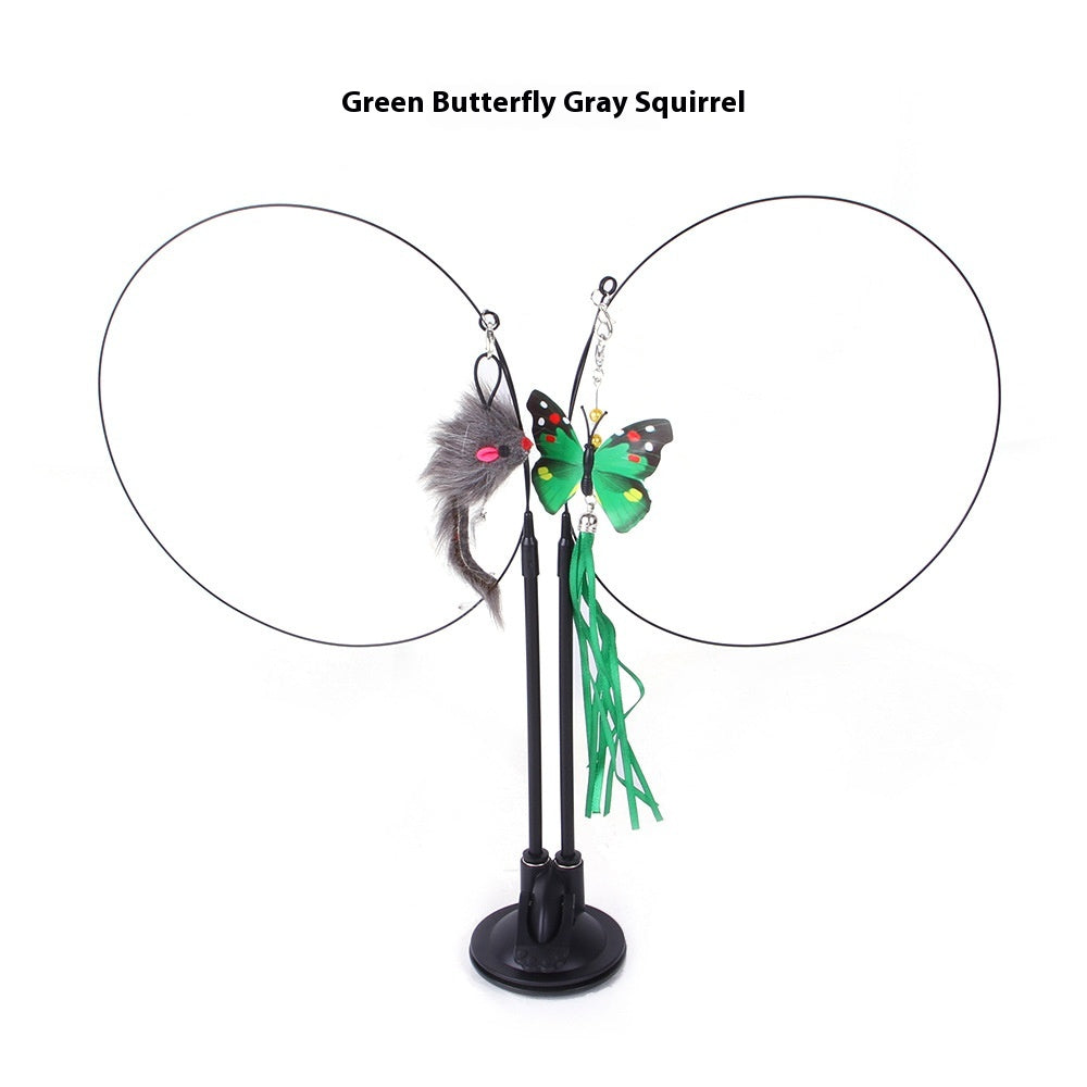 Two black teaser wands on a suction base with a gray plush squirrel and a green butterfly attachment.