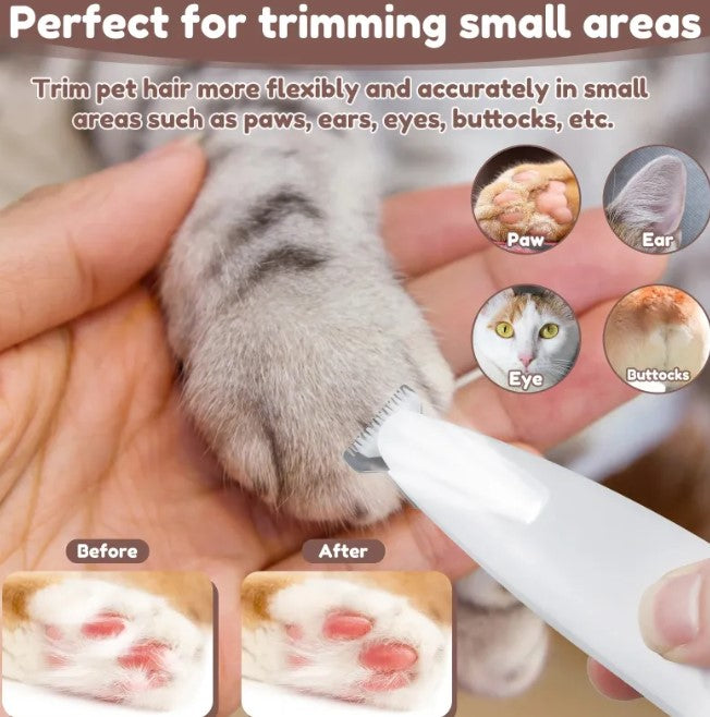 A hand uses a white "Pets Paw Trimmer w/LED Light" to trim a cat's paw, with before-after paw images and circular insets showing other small trim areas.