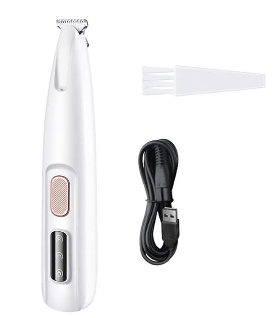 White Pets Paw Trimmer with LED Light, accompanied by a cleaning brush and a black USB charging cable.