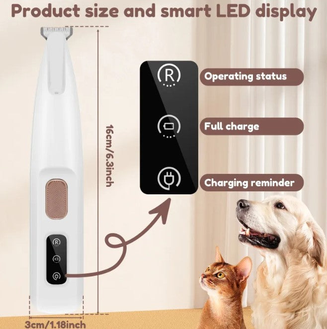 Creative critters' white Pets Paw Trimmer displays operating, full charge, and charging reminders on its LED light, near a dog and cat.