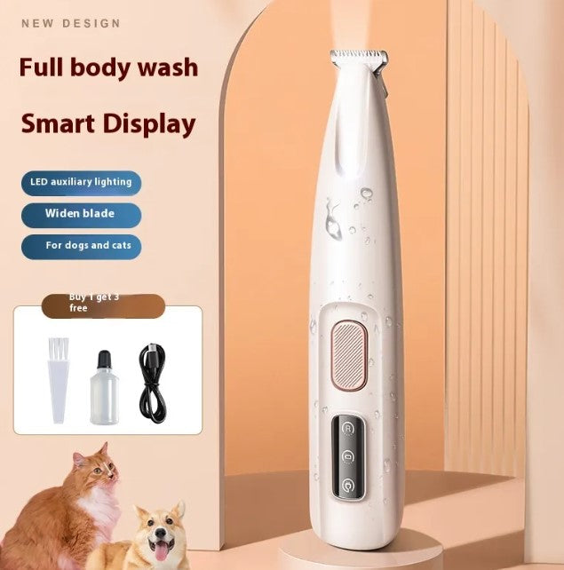 White "Pets Paw Trimmer w/LED Light" for dogs and cats, with a smart display, full body wash design, and grooming accessories.